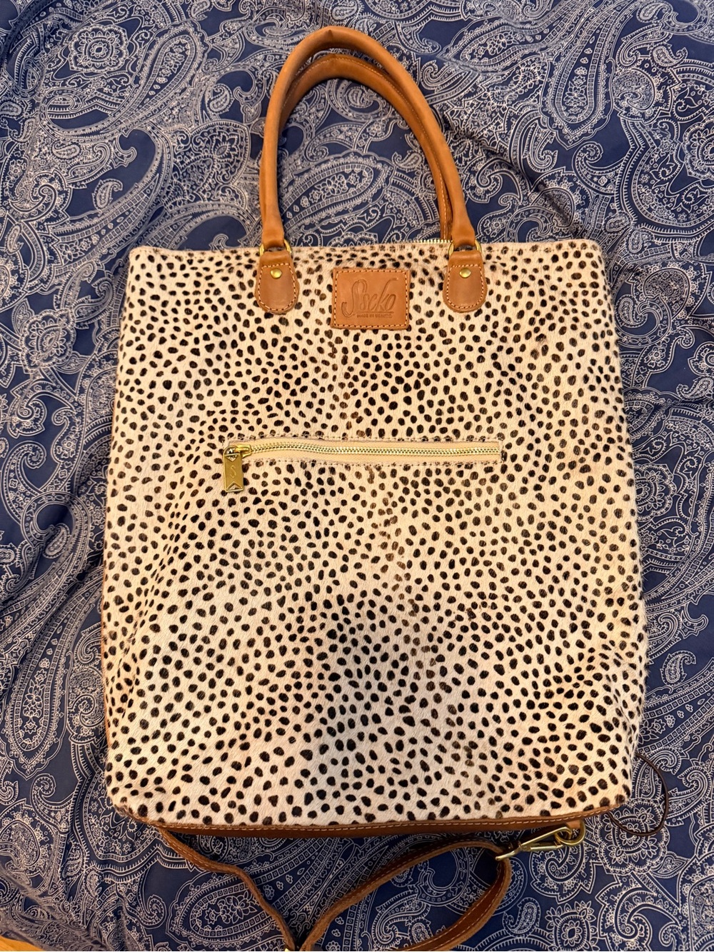 Sseko Cream and Black Spotted Tote with Tan Handles